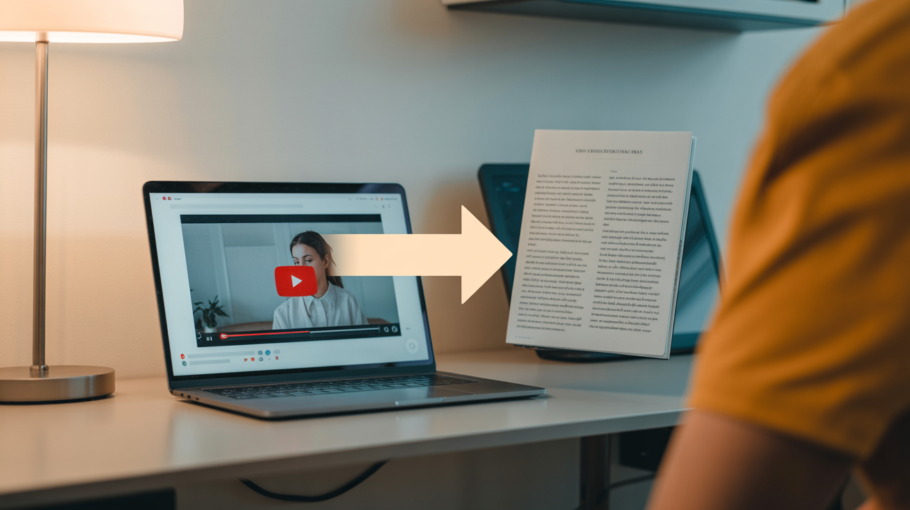 Modern workspace showing YouTube video being transformed into blog post content